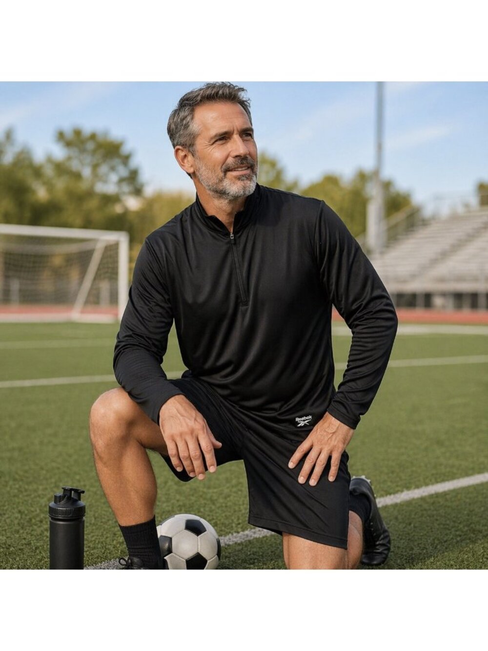 Reebok Mens Black Long Sleeve 1/4 Zip Performance Top L Soccer Jogging Athletic